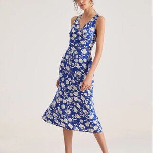 New NWT The Commense Royal Blue Floral Daisy Contour V-Neck Midi Dress, Size M